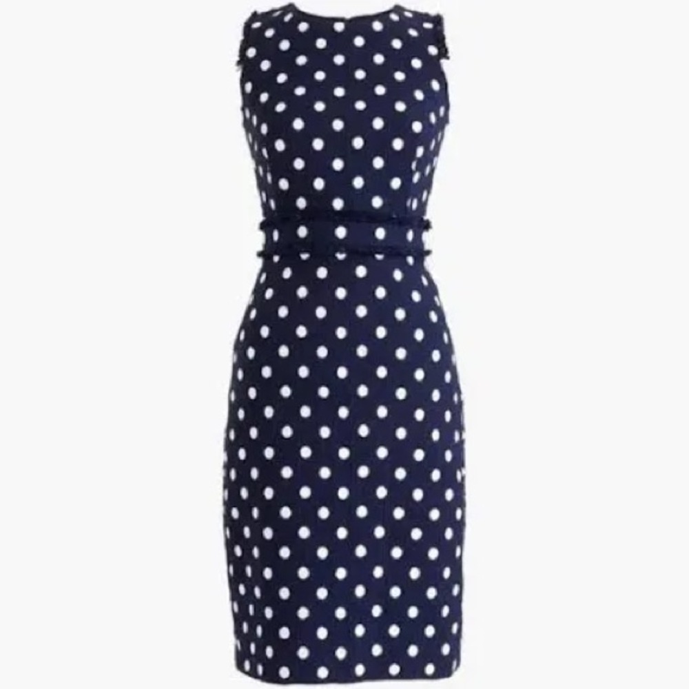 Navy white polka dot cotton tweed Banded waist Sheath dress. 100% Cotton; lining